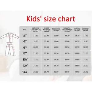 May include: A size chart for children's clothing, with measurements in inches. The chart includes sizes from 2T to 14Y, detailing clothing length, chest width, sleeve length, trouser length, hips, and waist measurements.