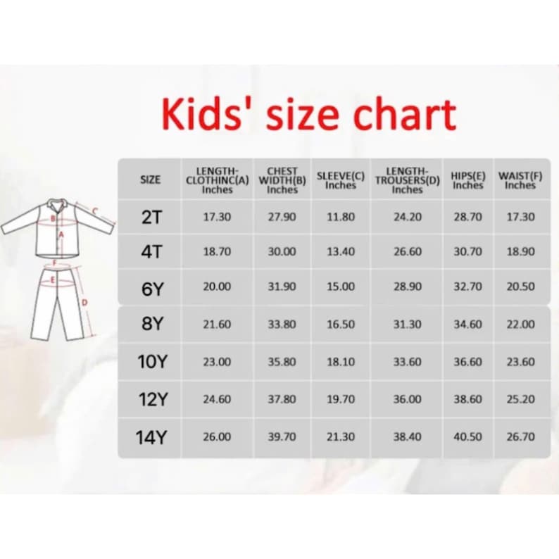 May include: A size chart for children's clothing, with measurements in inches. The chart includes sizes from 2T to 14Y, detailing clothing length, chest width, sleeve length, trouser length, hips, and waist measurements.