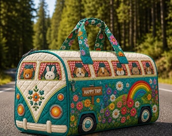 Hippie Camper Van Duffel Bag, Floral Rainbow Travel Bag, Cute Woodland Animal Weekender, Retro Boho Gym Bag Gift