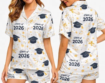 Conjunto de pijama de la promoción de 2026, regalo de graduación para ella, pijama de satén para mujer, conjunto para graduadas de 2026, pijamas familiares a juego, conjunto para fiesta de graduación.
