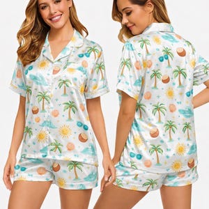 Summer Tropical Pajama Set for Women, Satin Silk Sleepwear, Palm Tree Beach Print PJ Set, Cute Matching Lounge Set Gift for Her Short