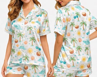 Conjunto de pijama tropical de verano para mujer, ropa de dormir de seda satinada, conjunto de pijama con estampado de palmeras y playa, bonito conjunto de descanso a juego, regalo para ella.