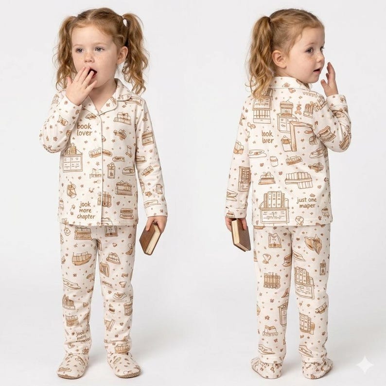 May include: A child's pajama set in cream with a repeating pattern of books and bookshelves in brown. The long-sleeved top and pants feature the phrases "book lover" and "book more chapter". The child is holding a small brown book.