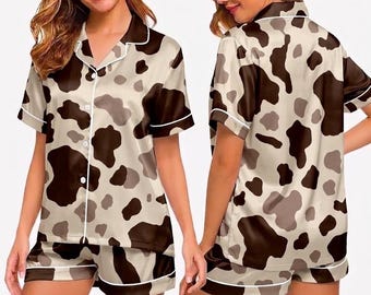 Cow print pajamas, cute cow print women's pajamas, cow print pajamas for women, floral cow print pajamas, gifts for cow lovers.