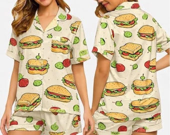 Conjunto de pijama divertido con estampado de hamburguesas para mujer, con adorables motivos de comida rápida, una acogedora idea de regalo de verano.