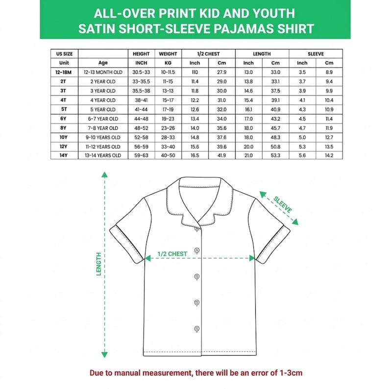 May include: Diagram of a satin short-sleeve pajama shirt with measurements in inches and centimeters. The chart provides size information for kids and youth, including height, weight, and chest measurements. The text at the top says "ALL-OVER PRINT KID AND YOUTH SATIN SHORT-SLEEVE PAJAMAS SHIRT."