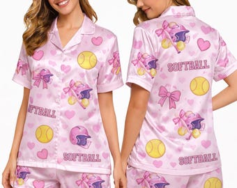Conjunto de pijama de softbol para mujer, pijama rosa de softbol, lindo pijama de béisbol, regalo de softbol para niñas, amante de los deportes