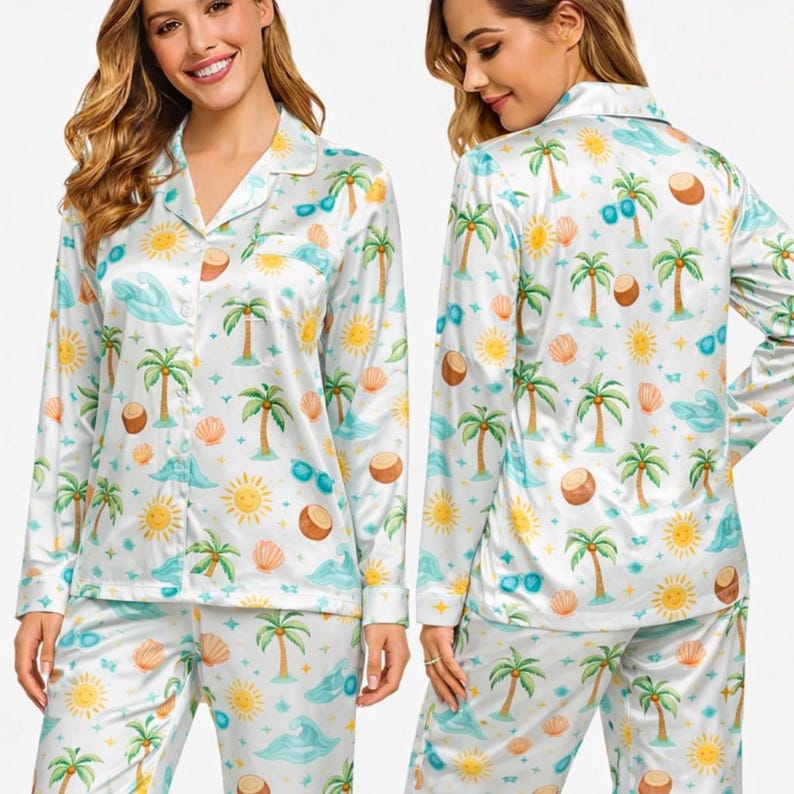 Summer Tropical Pajama Set for Women, Satin Silk Sleepwear, Palm Tree Beach Print PJ Set, Cute Matching Lounge Set Gift for Her Long