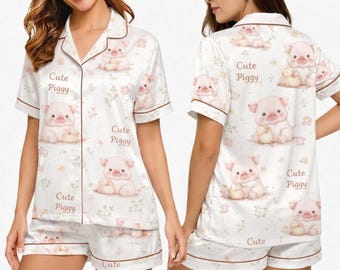 Conjunto de pijama de satén: Pijama para amantes de los cerdos, regalo para entusiastas de los cerdos.