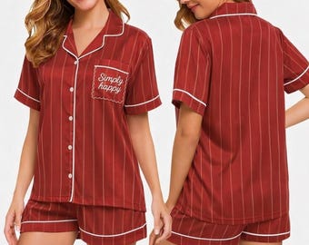 Conjunto de pijama de rayas Simply Happy para mujer, pijama clásico de satén, el regalo ideal para quienes aman la sencillez, un camisón abotonado.
