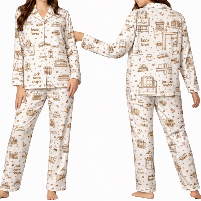 May include: White pajama set with a repeating pattern of books, gifts, and coffee cups in brown. The top has a collared neckline and button closure. Text on the pajamas reads "book lover" and "just one more chapter".