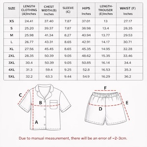 May include: A white pajama set with a button-down shirt and shorts, alongside a size chart detailing measurements in inches for clothing length, chest width, sleeve length, hips, trouser length, and waist. The text states that there will be an error of ~2-3cm.