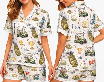 Pijama con estampado de golf, pijama abotonado, perfecto para los amantes del golf, pijama de descanso para mujer.