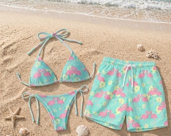Couple Flamingo Swimsuit Set, Matching Bikini and Swim Trunks, Tropical Beachwear for Him and Her, Summer Vacation Outfit
