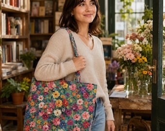 Floral Tote Bag, Colorful Flower Print Bag, Spring Summer Handmade Tote, Picnic Beach Shopping Bag, Gift for Her