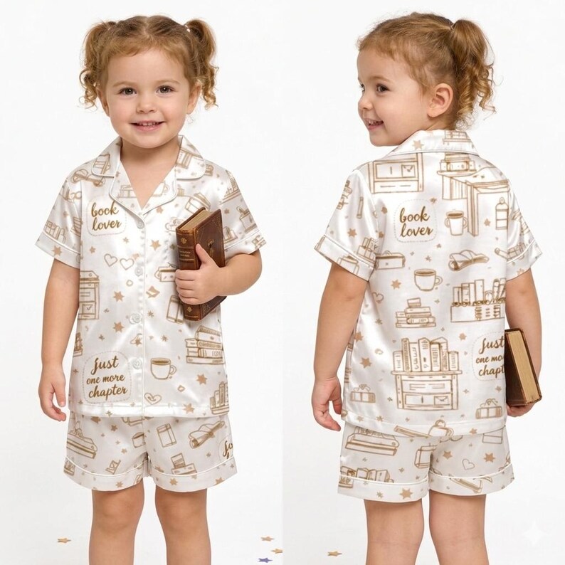 May include: White pajama set with a repeating pattern of books, coffee cups, and bookshelves. The text "book lover" and "just one more chapter" are printed on the front and back of the shirt. The shorts have a matching pattern.