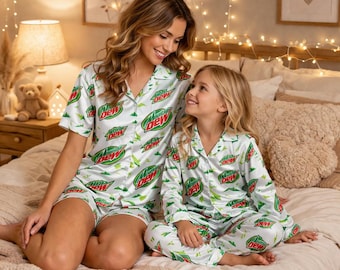 Conjunto de pijama Mountain Dew para mujer, pijama de satén con estampado de refresco, divertido conjunto de pijama corto de verano, regalo de ropa de estar por casa suave para ella.