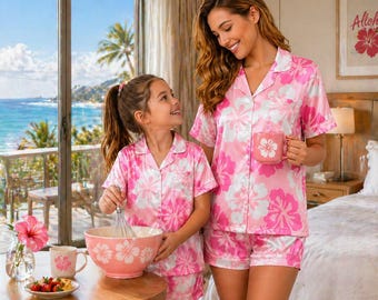 Pink Hawaiian Pajama Set, Mom Daughter Matching Satin PJs, Floral Summer Sleepwear, Cute Family Lounge Set, Gift for Her