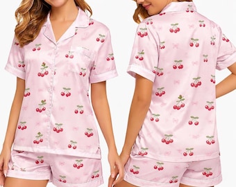 Conjunto de pijama rosa cereza para mujer, pijama de manga larga de seda satinada, pijama con estampado de lazo adorable, conjunto cómodo para estar en casa, regalo para novia/esposa.