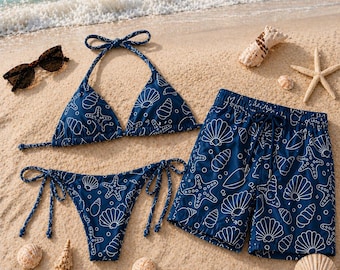 Matching Couple Swimsuit, Seashell Bikini, Men Swim Trunks, Ocean Beach Outfit, Summer Vacation Gift
