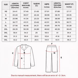 May include: A size chart for clothing, showing measurements in inches for sizes XS to 5XL. The chart includes length, chest width, sleeve, hips, trouser length, and waist measurements. A diagram of a pajama set is also included.