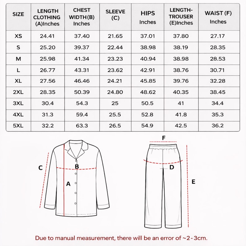 May include: A size chart for clothing, showing measurements in inches for sizes XS to 5XL. The chart includes length, chest width, sleeve, hips, trouser length, and waist measurements. A diagram of a pajama set is also included.