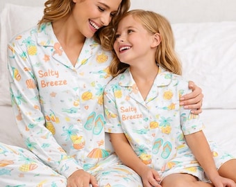 Conjunto de pijama de verano para mujer, pijama playero adorable, pijama de manga corta con botones, ropa de dormir tropical, conjunto de ropa de descanso para vacaciones, regalo.