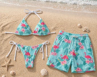 Flamingo Bikini Set, Matching Couple Swimwear, Tropical Beach Swimsuit & Men Swim Shorts, Summer Vacation Outfit, Cute Hawaii Style Set
