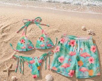 Matching Flamingo Bikini & Mens Swim Trunks Set, Tropical Couple Swimwear, Hawaiian Beach Outfit, Summer Vacation Gift