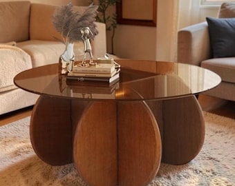 Round Glass Coffee Table Solid Wood Legs Modern Living Room Center Table