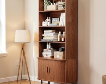 71" Tall Bookshelf with Cabinet Modern Walnut Bookcase Storage Shelf with Sliding Door
