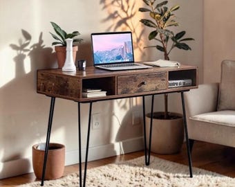 Retro Brown Writing Desk Drawers Hairpin Legs Compact Home Office Table