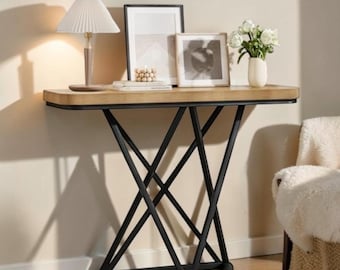 41.3 Industrial Console Table Narrow Entryway Sofa Table Metal Base Oak Top