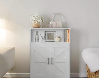 Farmhouse Bathroom Storage Cabinet Barn Door Organizer Adjustable Shelf White