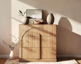 Modern Arched Fluted Sideboard Cabinet with 3 Drawers Storage Buffet Camel