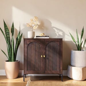 34" Modern Fluted Arched Sideboard – Symmetrical Walnut Coffee Bar with Adjustable Shelving