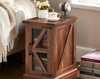 Farmhouse Narrow Nightstand Glass Barn Door Bedside Table Small Space Cabinet