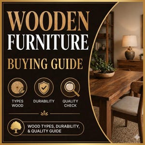 May include: A guide to wooden furniture, featuring a dark brown dining table and chairs. The image includes text that reads "WOODEN FURNITURE BUYING GUIDE" and highlights topics like wood types, durability, and quality check.