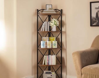 Rustic Corner Shelf Tall Bookcase Storage Stand Industrial Plant Display Rack