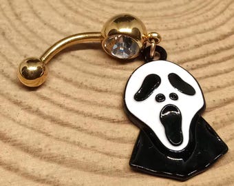 Anneau de ventre tête de mort en acier chirurgical, barre d'haltères incurvée 14 g, bijoux de corps délicats, fantôme cloche