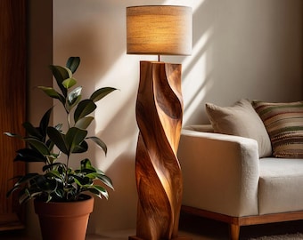 Lámpara de pie de madera orgánica hecha a mano, ideal para el dormitorio.