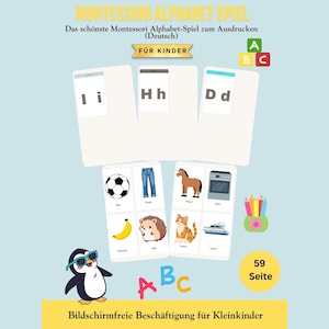 May include: A printable Montessori alphabet game set featuring cards with letters I i, H h, and D d, alongside cards displaying illustrations of a soccer ball, jeans, horse, oven, banana, hedgehog, cat, and yacht. Includes a penguin graphic and 59 pages.