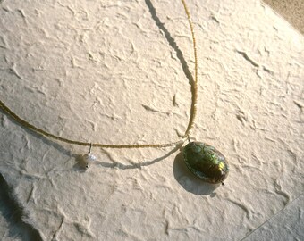 glass beaded necklace with abalone and freshwater pearl pendants and silver components