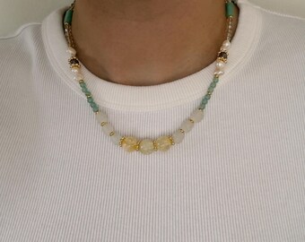 freshwater pearl, aventurine, and glass beaded necklace with gold components