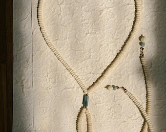 bolo necklace with vintage beads, Indian agate pendant, and gold components
