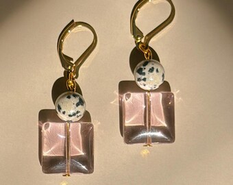 dalmatian jasper and pink glass beaded earrings with gold components