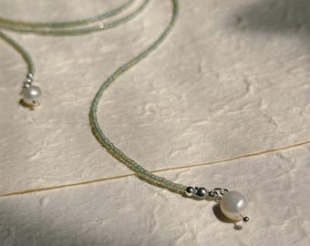lariat wrap necklace with freshwater pearls, glass seed beads, and silver components