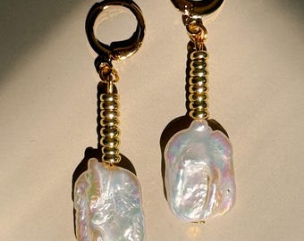 freshwater pearl and glass beaded dangle hoop earrings with gold components