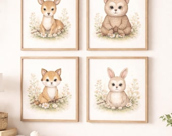 Woodland Animal Nursery Art Prints, Boho Forest Decor (Digital Download)