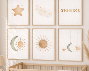 Neutral Sun Moon Stars Nursery Prints | Boho Celestial Baby Room Decor (Digital Download)